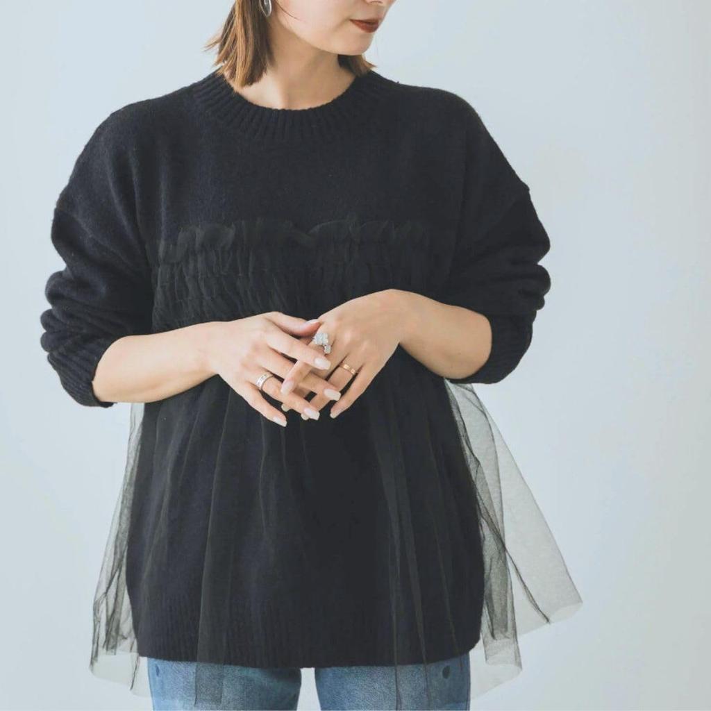 Тюль стыковочный трикотажный пуловер для длинного круглого свободного объемного туники талии повседневного свободного покроя женственного стройнящего аккуратного пышного женского, рукава, горловина, посадка,