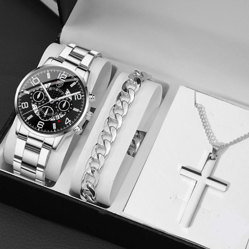 Набор из 3 предметов, роскошные деловые мужские золотые наручные часы из нержавеющей стали с указателем даты, кварцевые наручные часы для мужчин и браслет-ожерелье