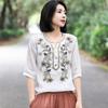 Летняя ретро футболка из высококачественного хлопка и льна с вышивкой и V-образным вырезом для женщин, художественная свободная утягивающая рубашка, дышащие топы