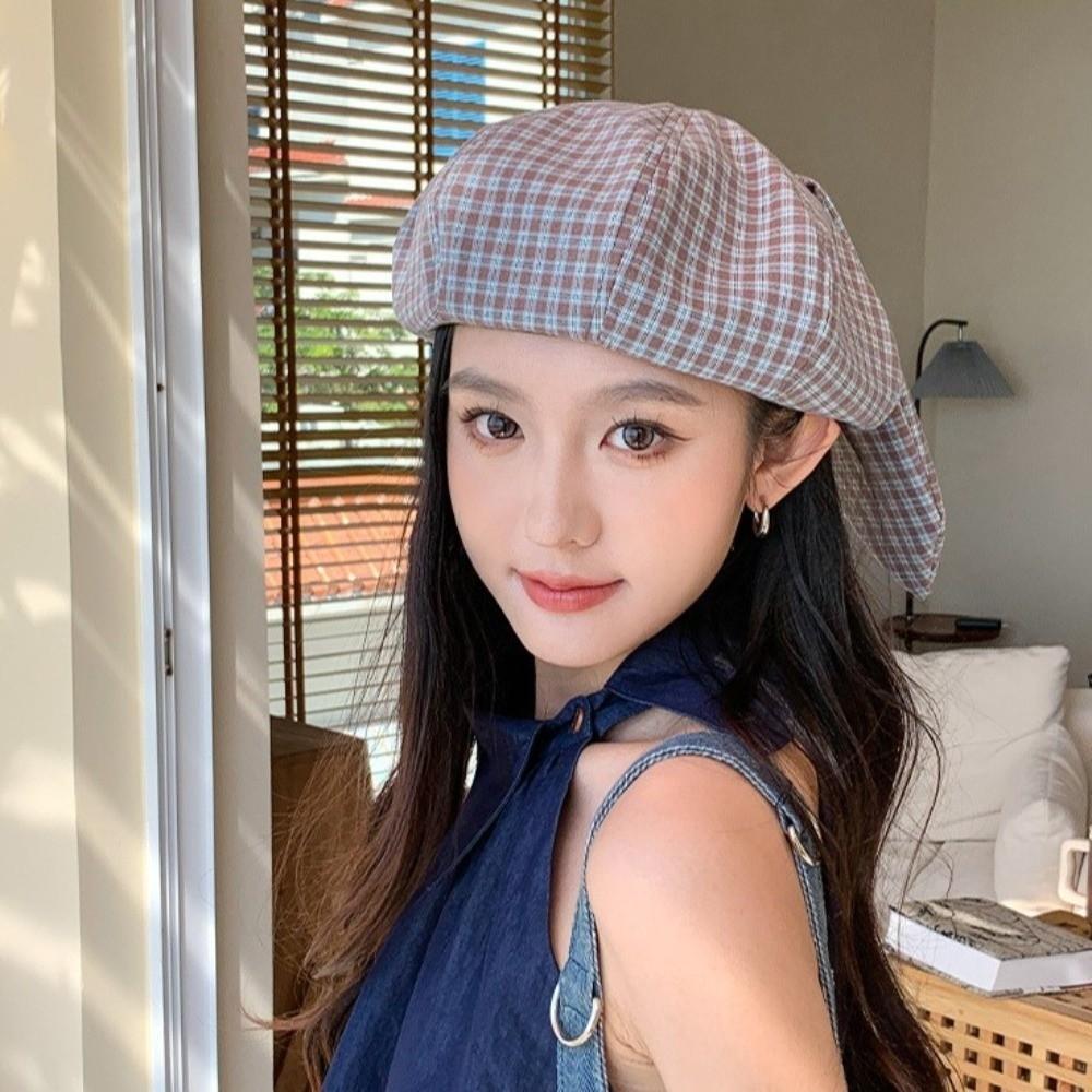 Versatile Plaid Beret Korean Style Spring Painter Cap Versatile Women Artist Hat Girls