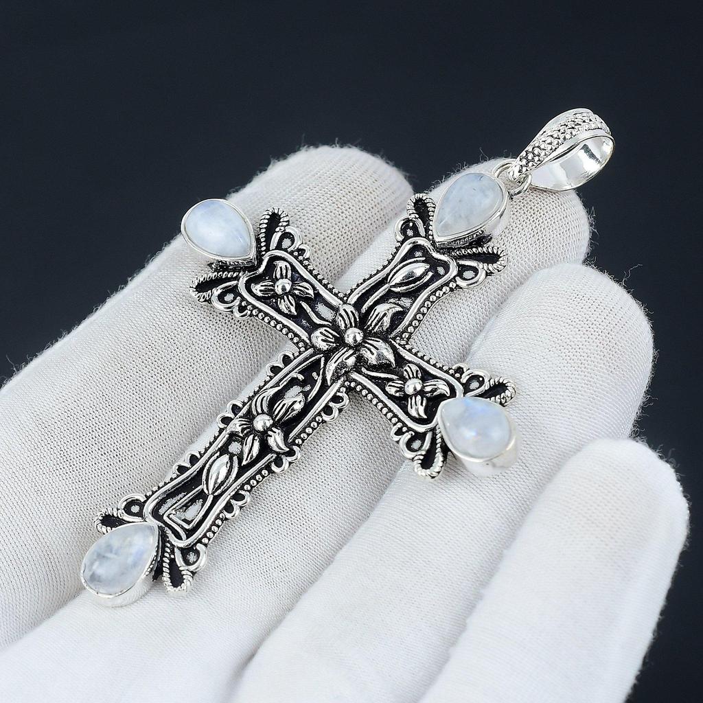 Радуга Лунный Камень Драгоценный Камень Лунный Камень Драгоценный Камень Ручной Работы Стерлингового Серебра 925 Крест Подвеска Для Подарков Подвеска Для Нее Для Женщин Ювелирные Изделия