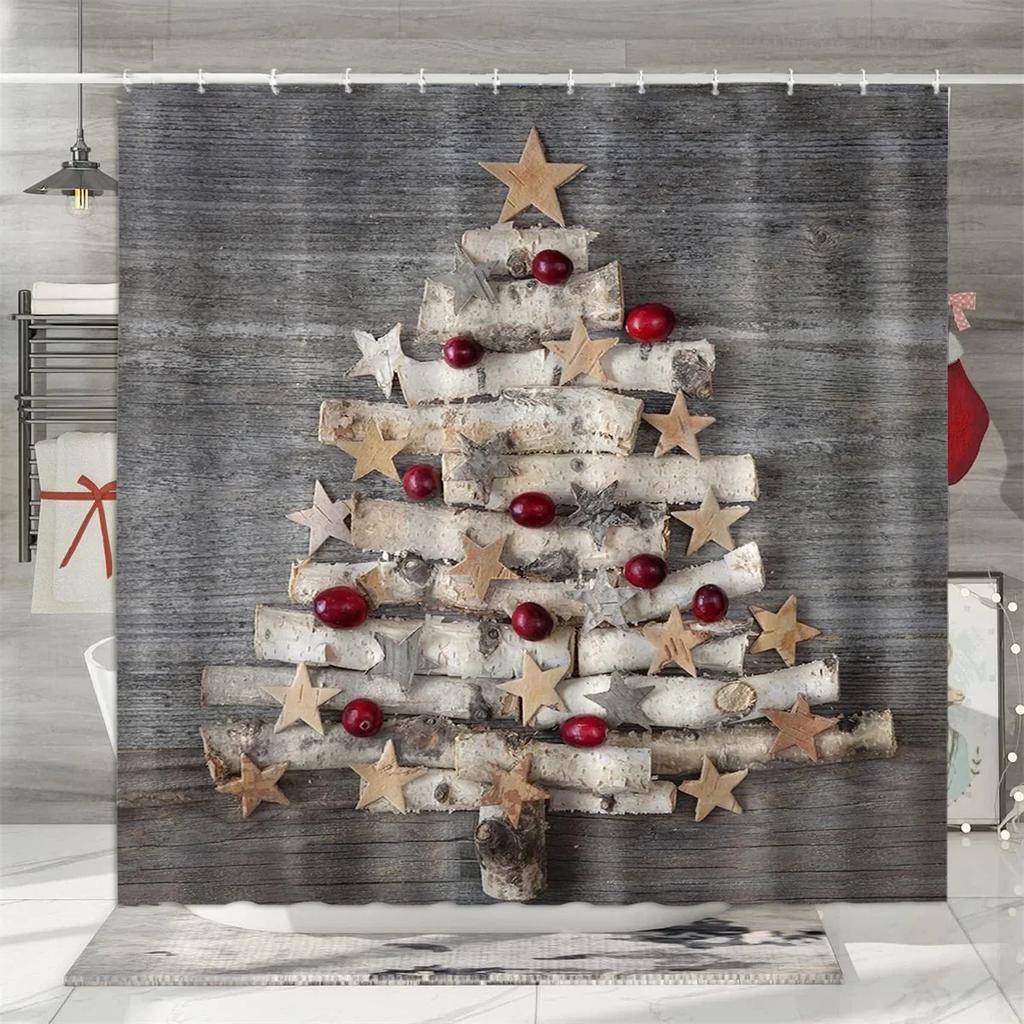 Christmas Shower Curtain, Winter Holiday Farm Snowman Santa Claus Christmas Tree Farmhouse Christmas Balls Bathroom Decoration
