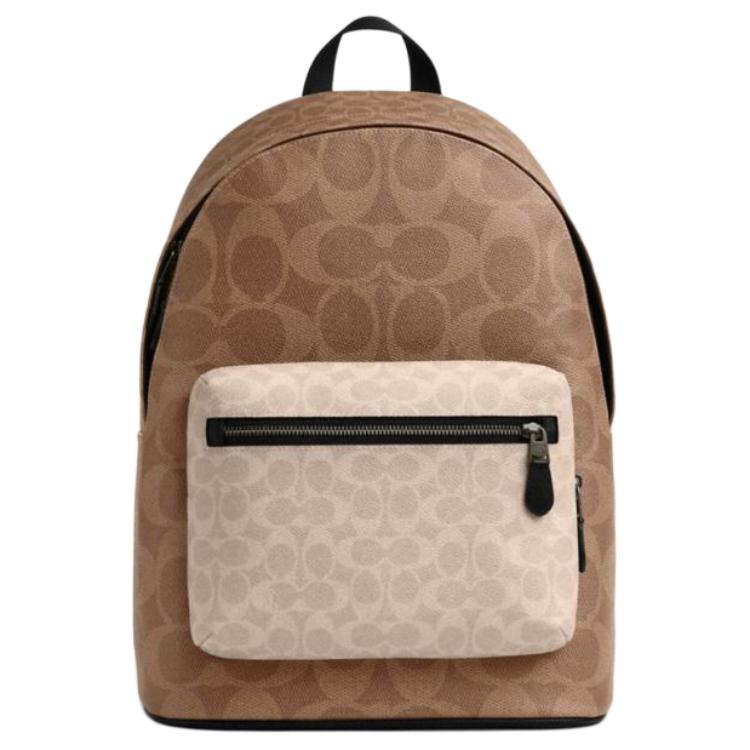 Coach Brown & Beige Signature Canvas Large Backpack with Colorblock Pocket for Daily Use