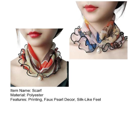 2Pcs Women Faux Silk Scarf Printing Faux Pearl Decor Lace Trim Lightweight Scarf Hand Strap Accessory
