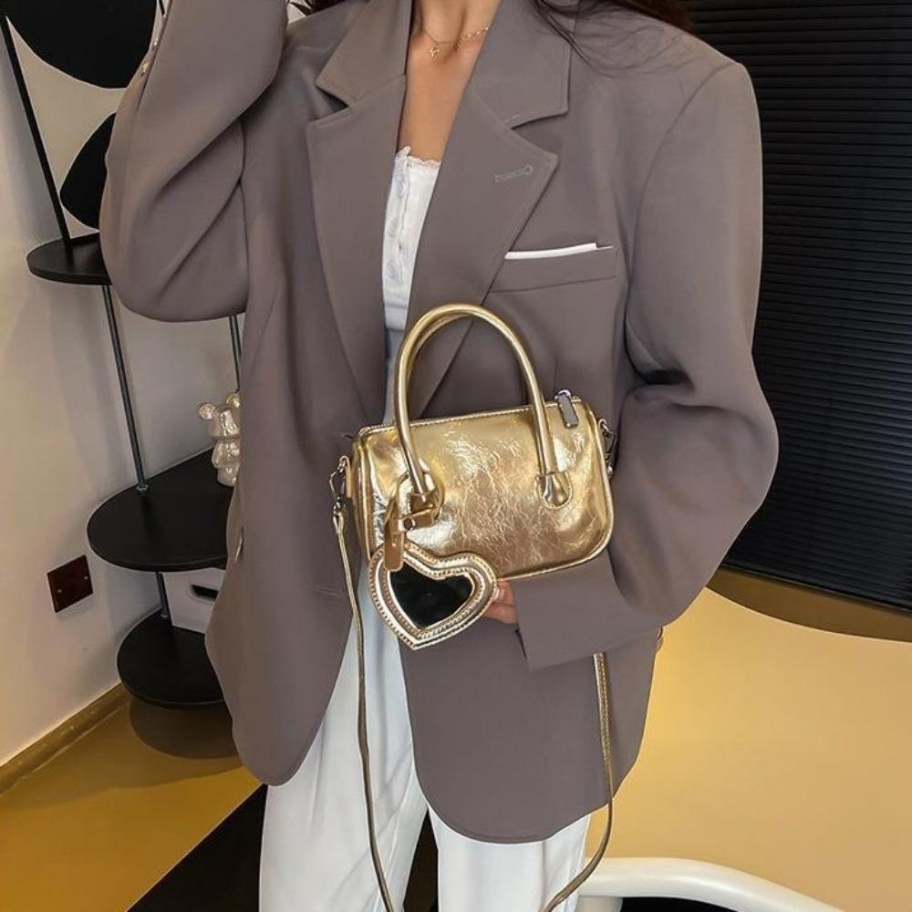 With Love Pendant Silver Handbag Leather Saddle Bag Elegant PU Bowling Bag Girls/Female