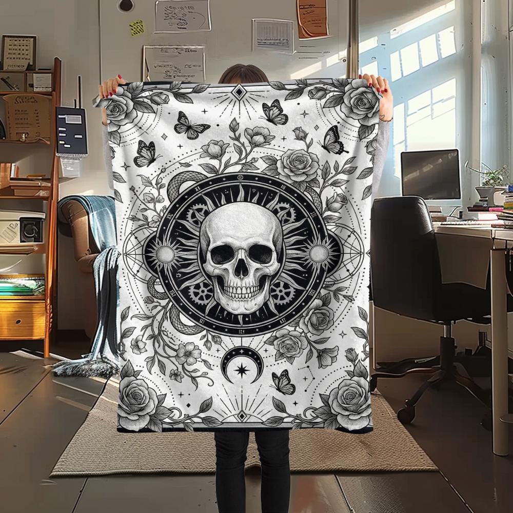 Skull Gothic Print Flannel Blanket, High quality Comfortable for All Seasons, Home Decor, Warmth and Comfort, Perfect for Christmas Gifts102