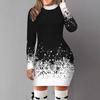 2024 Women Fall Winter Dress Snowflake Print Gradient Color Matching Slim Fit Sheath Thick Warm Long Sleeve Round Neck Lady New Year Party Mini Dress