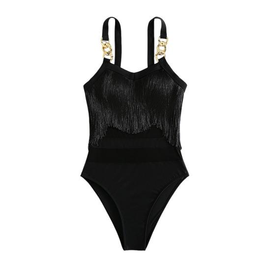 Женский сексуальный монокини слинг без рукавов с кисточками и декором купальник с сеткой, с открытой спиной, цельный бикини