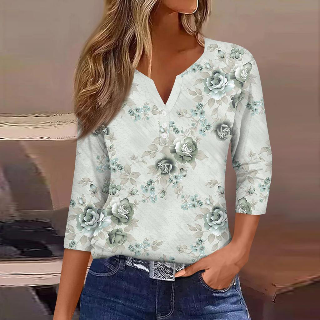 Жен. Футболка Футболка С принтом Пуговицы Рукав 3/4 Повседневные Выходные Мода Классический Классический V-образный вырез Обычный Верх