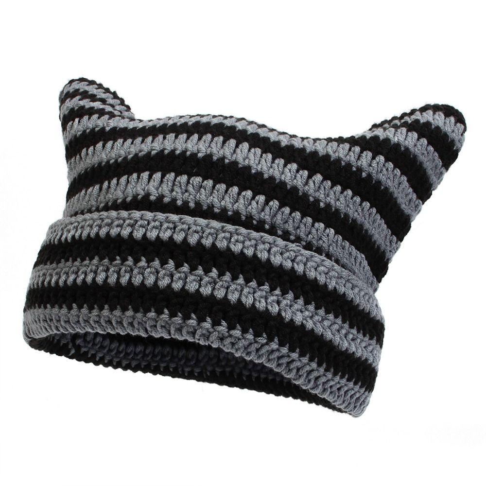 Y2K Harajuku Ins Little Devil Striped Hat Keep Warm Skullies Cap Casual Knitted Wool Cap  Women