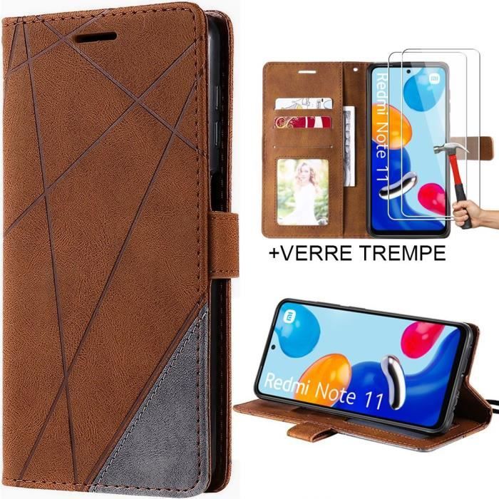 Coque + Verres TrempésPour Xiaomi Redmi Note 11 - Effet Cuir Elégant - Marron - Utilisation comme béquille