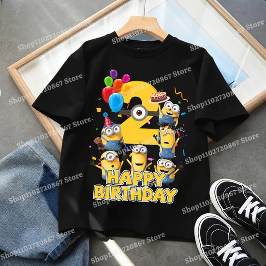 Minionses Birthday 1-9 Number T-shirt Clothing Baby Cartoon Anime Short Sleeve Party Cute Shirts Summer Casual Tee Top Gifts