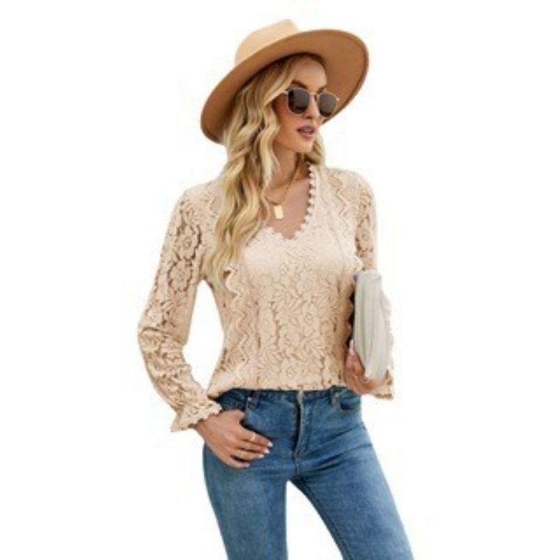 Весенне-осенняя женская блузка с длинными рукавами, однотонная, с ажурным кружевом, сексуальный трикотажный топ