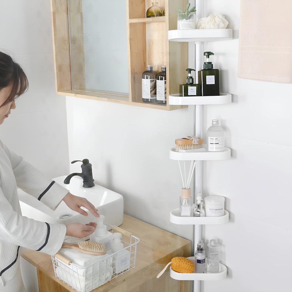 Угловая полка для хранения в ванной 5 распорных штанг Распорная расширяемая для ванной Регулируемая по высоте для шампуня Полка, Полка, Ярус, В комплекте японская инструкция