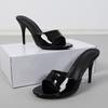 Fashion Liyke Black Patent Leather Women Slippers Sandal Fashion Round Open Toe Mules High Heels Slides Summer Party Dress Shoes Size 43