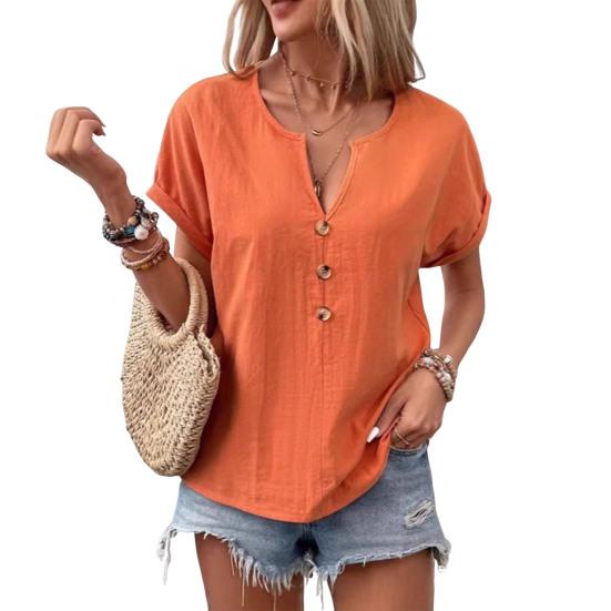 Женская рубашка с V-образным вырезом, декором в виде пуговиц, коротким рукавом, свободная рубашка, однотонная повседневная летняя футболка, повседневная одежда