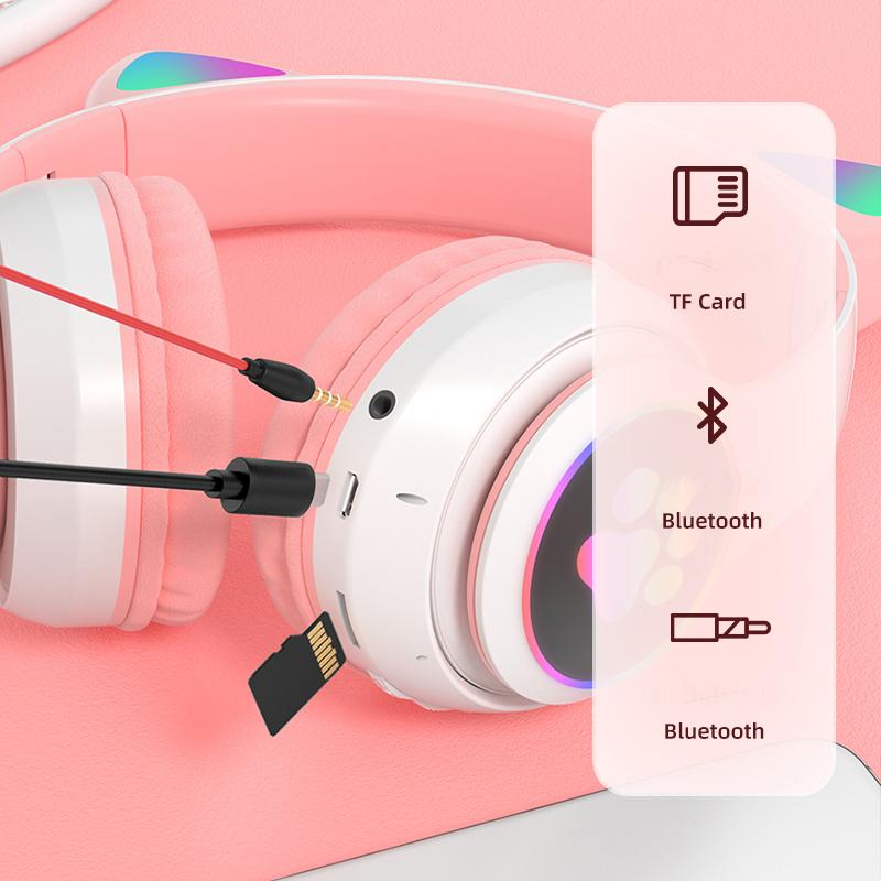 Вспышка-лампа, милые кошачьи уши, наушники Bluetooth5.0, стерео с микрофоном, поддержка TF-карты, беспроводные детские наушники для девочек, подарок на день рождения