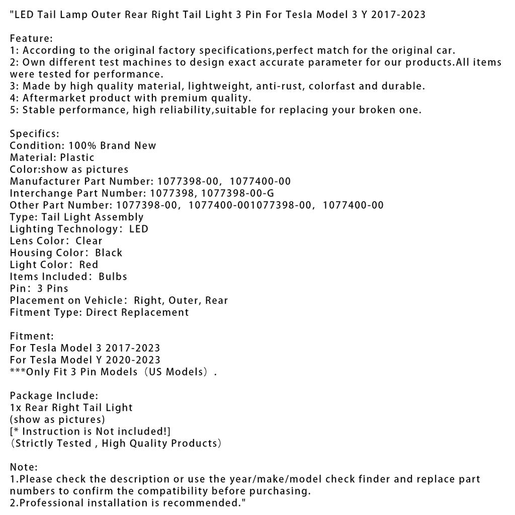 LED Tail Lamp Outer Rear Right Tail Light 3 Pin For Tesla Model 3 Y 2017-2023