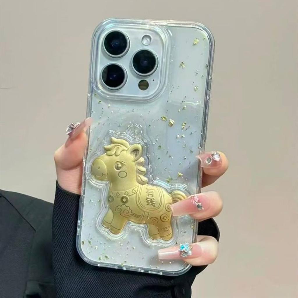 3D Чехол для телефона с капельным клеем Мультяшная лошадь для Apple 17PROMAX Подушка безопасности Противоударный Ощущение кожи Трендовый Женский Большое отверстие Противоударный