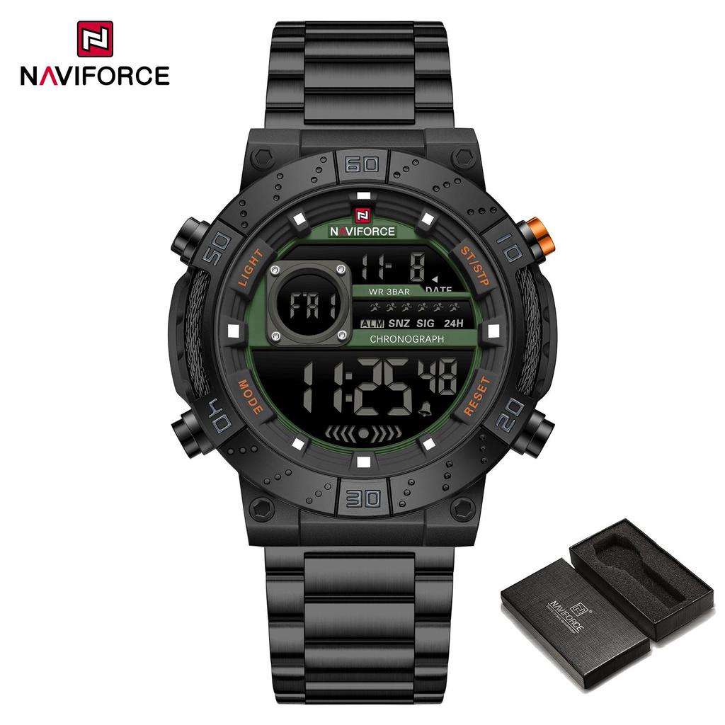 Naviforce ЖК-цифровые часы для мужчин с датой, хронографом, будильником, ремешком из нержавеющей стали, водонепроницаемые, ночной режим, многофункциональные мужские часы NF9241S