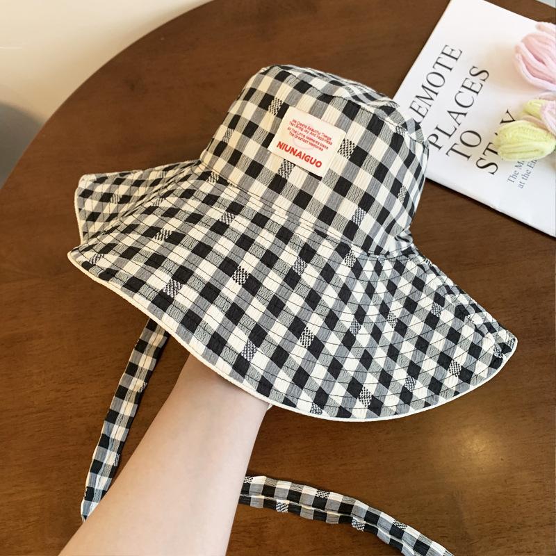 Корейская двухсторонняя клетчатая шляпа рыбака, женская шляпа-ведро с ремешком, шляпа для отдыха на открытом воздухе, солнцезащитная шляпа