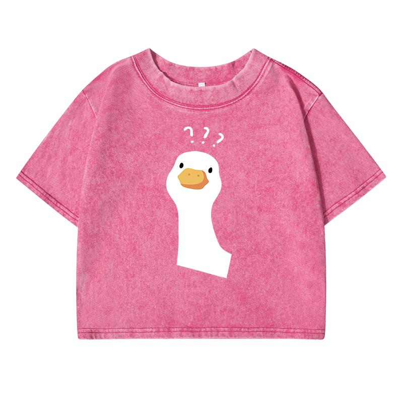 Мультяшный принт с уткой и вопросительным знаком, женская выстиранная футболка с коротким рукавом, дышащий уличный стиль, повседневный топ с эффектом потертости