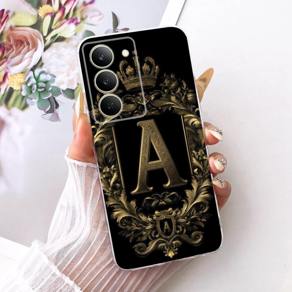 Чехол для Realme 14x 5G Индия Чехол RMX3940 Прозрачный Роскошная Корона Буквы А-Я 2D Плоский Узор Мягкий Чехол для Телефона