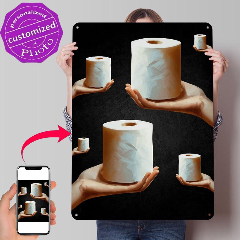 Hands Holding Toilet Paper Rolls Metal Poster Customized Wall Art Retro Vintage Metal Signs for Man Cave Room Decoration Gaming