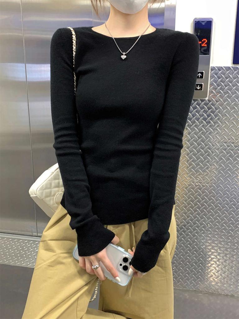 Базовая нижняя рубашка женская осенне-зимняя внутренняя свитером с круглым вырезом прилегающая и тонкая с длинным рукавом мягкий восковой вязаный свитер топ