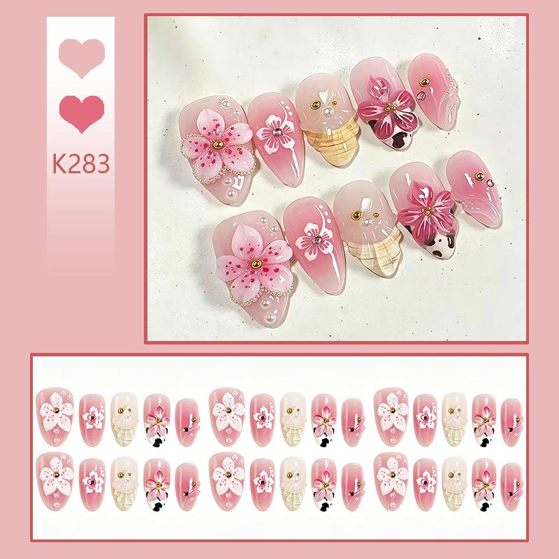 European & American Almond Shape 3D Pink Flower False Nails with Stickers
