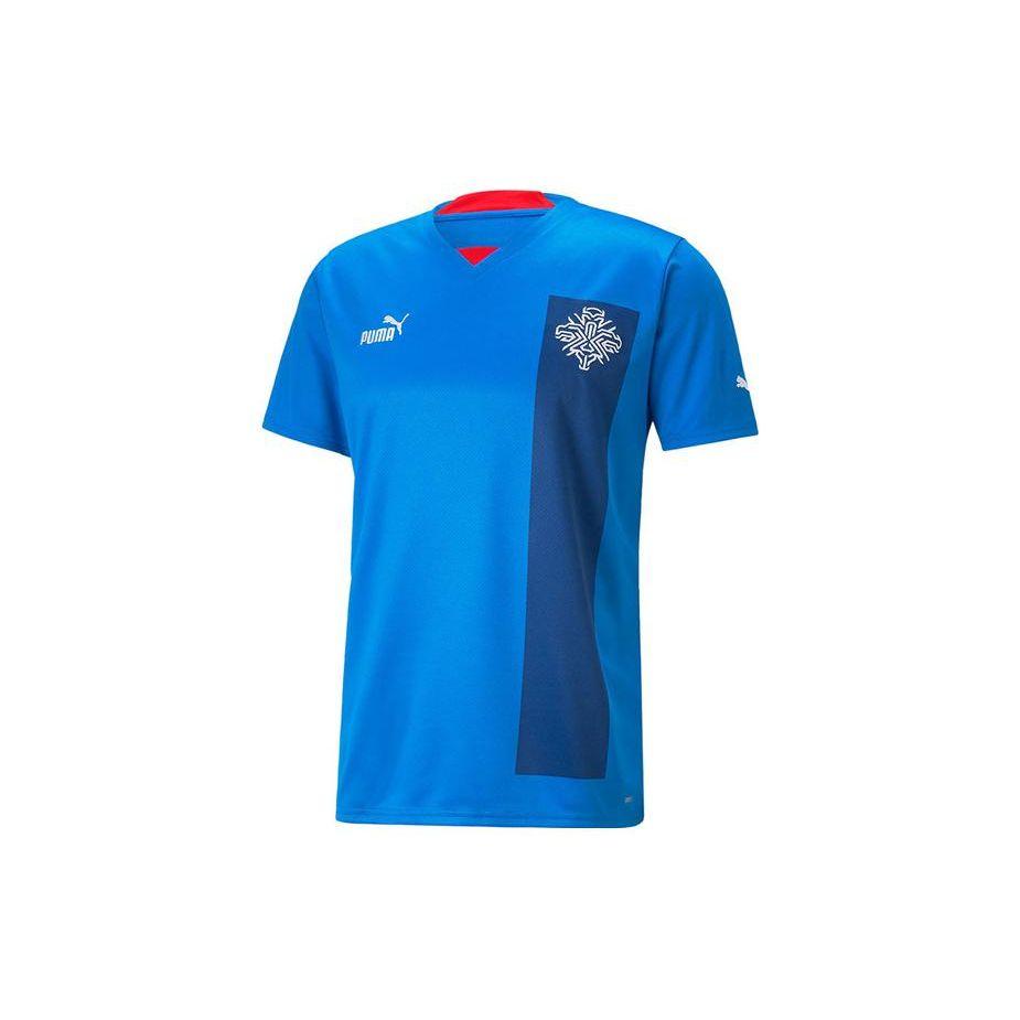 Puma Iceland Home 22/23 Replica Jersey V-Neck Logo Straight Short Sleeve T-Shirt Men Tops Blue 766067-01
