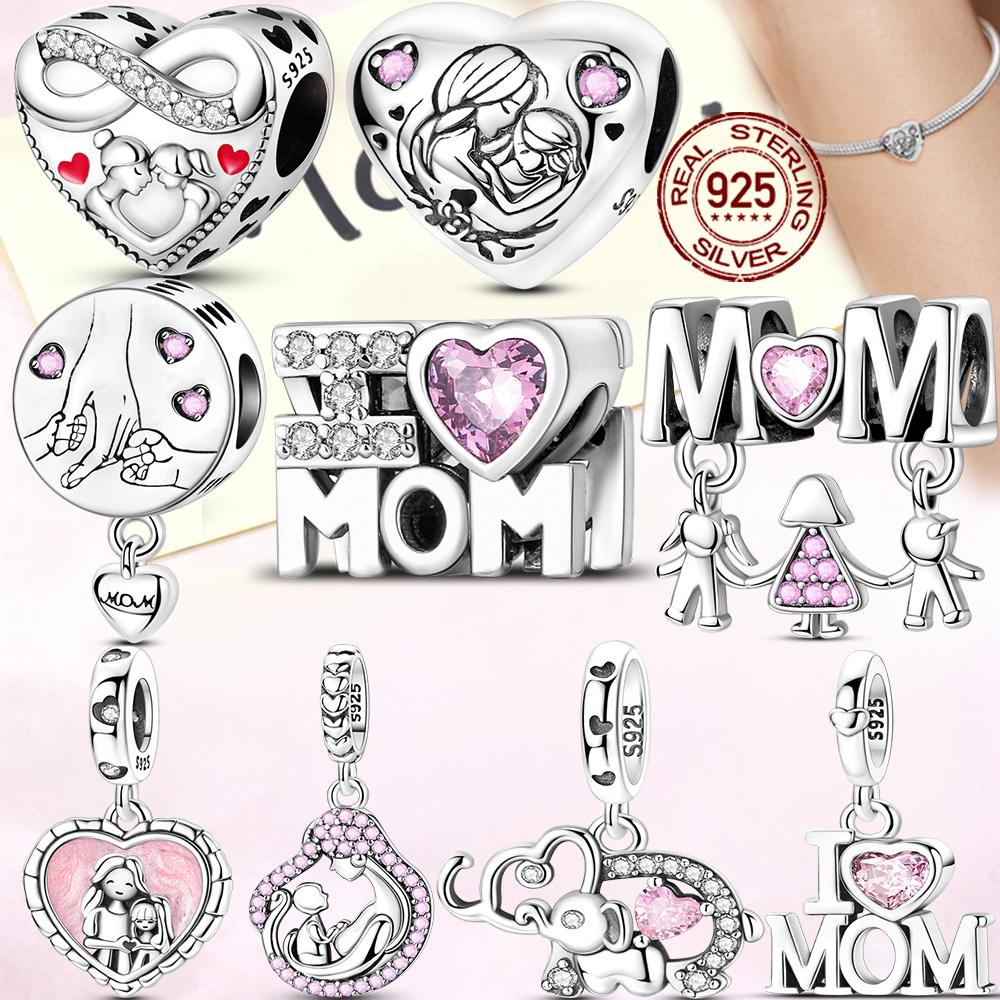 925 Silver Charm Bead Mother's Day Love Heart Family Charms Beads Pendants Fit Bracelet Women Jewelry Gifts