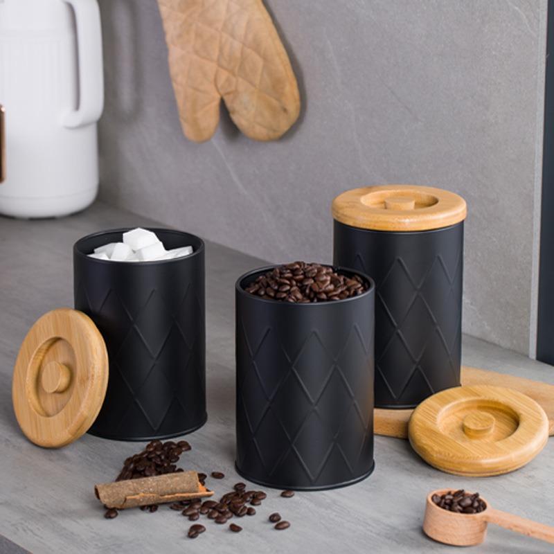 Household Reticulated Black Sealed Jar Coffee Bean Tea Bag Sugar Milk Grain Metal Storage Box Bamboo Lid Storage Jar