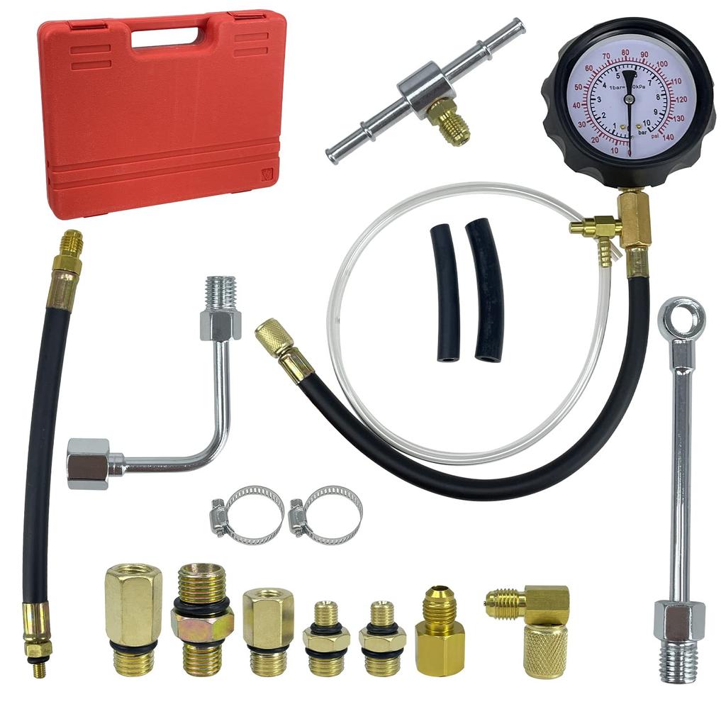 Socpuro Fuel Pressure Gauge Set: Gasoline Fuel Pressure Gauge 0-140psi for Gasoline Vehicles, Includes Various Hoses and Adapters, Fuel Pressure Measu