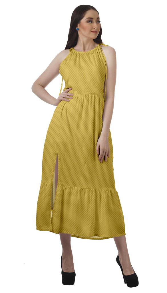 Moomaya Rayon Halter Neck Sleeveless Front Slit Holiday Dress Women Printed