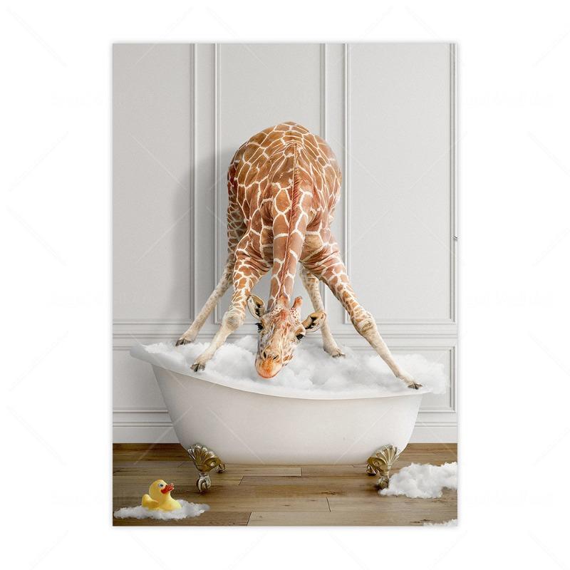 Смешные и милые холсты с животными, постеры для ванной комнаты, настенное искусство, горный бык, жираф, лев, фотографии для душа для декора туалета