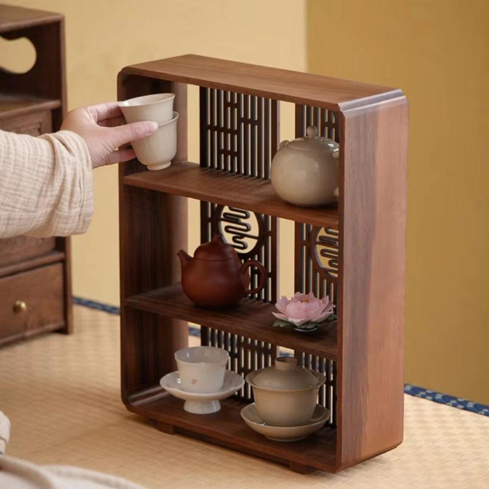 Hollow Out Handcrafted Curio Cabinet Walnut Wood Tea Organizer Tea Display Shelf Living Room