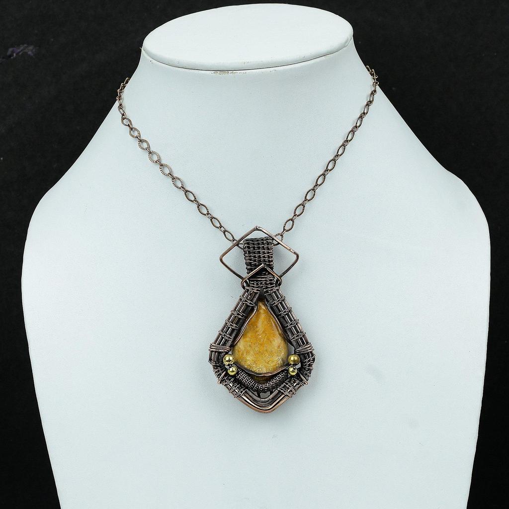 Fossil Coral Pendant Copper Wire Wrapped Pendant Gemstone Pendant Fossil Coral Jewelry Handmade Pendant For Gift Copper Wire Wrapped Jewelry