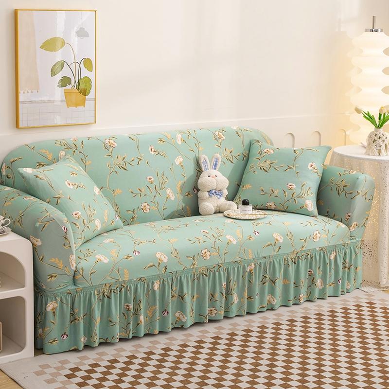 Floral Print Sofa Cover with Skirt Stretchable Washable Non-Slip Elastic Bottom Durable Furniture Protector for Living Room