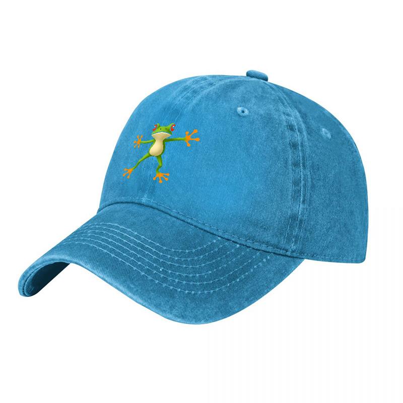 Green Frog Embroidered Washed Canvas Baseball Cap Classic Adjustable Hat for Outdoor Activities and Casual Wear