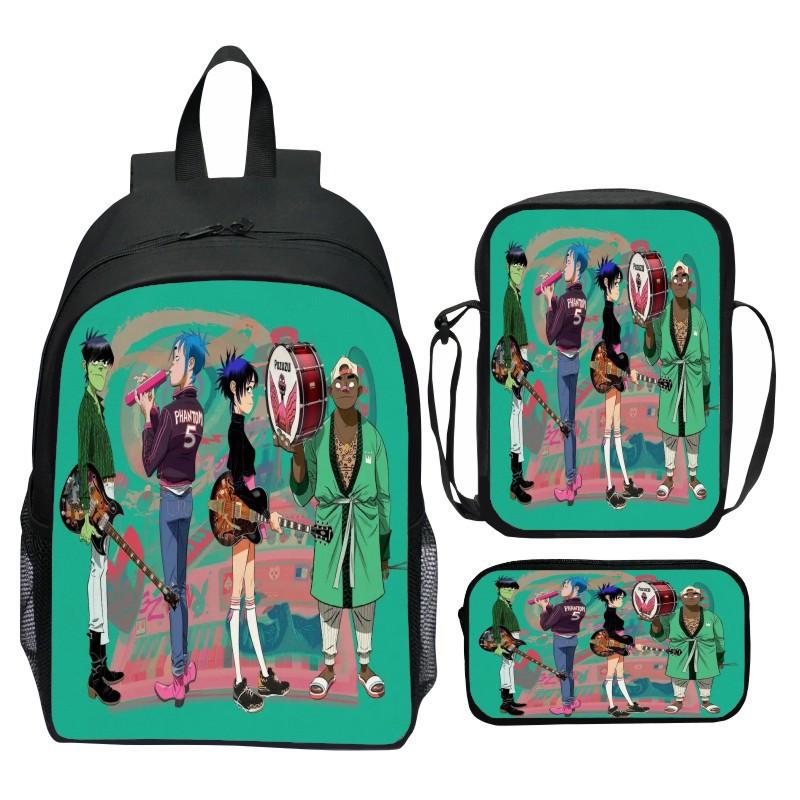 Gorillaz UK Virtual Band Printed Cartoon Backpack 3-Piece Set School Bag Lightweight Large Capacity