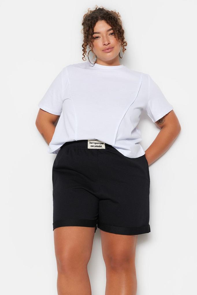 Women's Style Plus Size Shorts Bermudas Black Knitted Double Leg Label Detailed Knitted Shorts