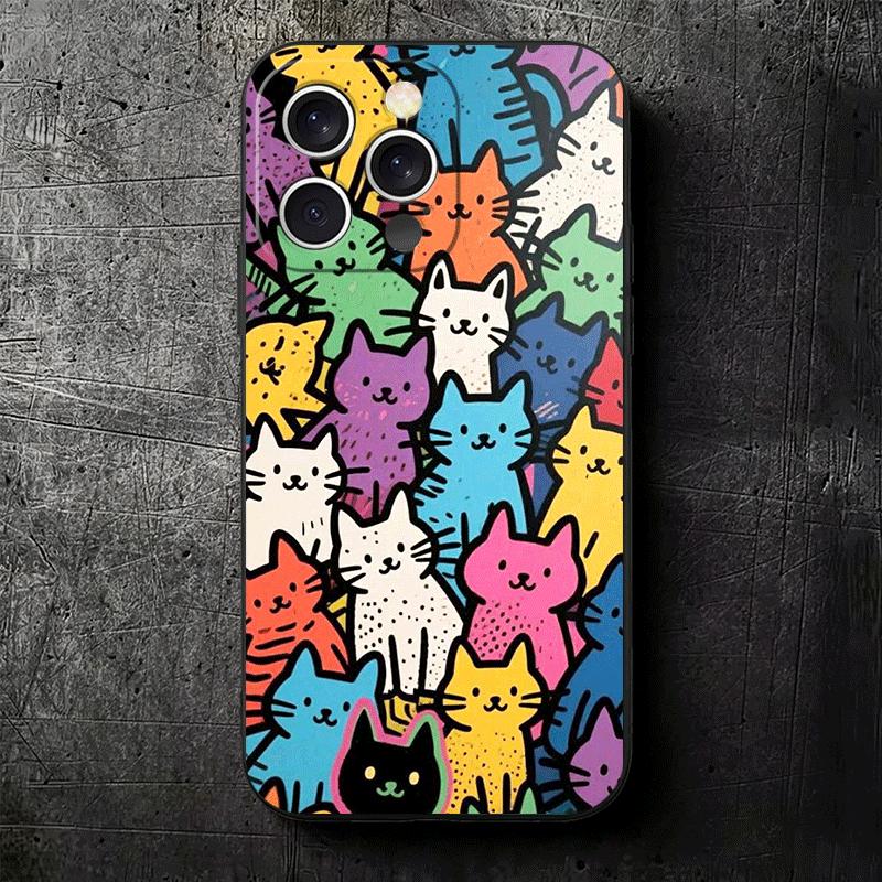 Мультяшные Милые Кошки Тема Мягкий Чехол для Телефона для iPhone 16 16E 17 Air 15 Pro Max 14 Plus 13 Mini 11 12 7 Черный Чехол Задняя Панель