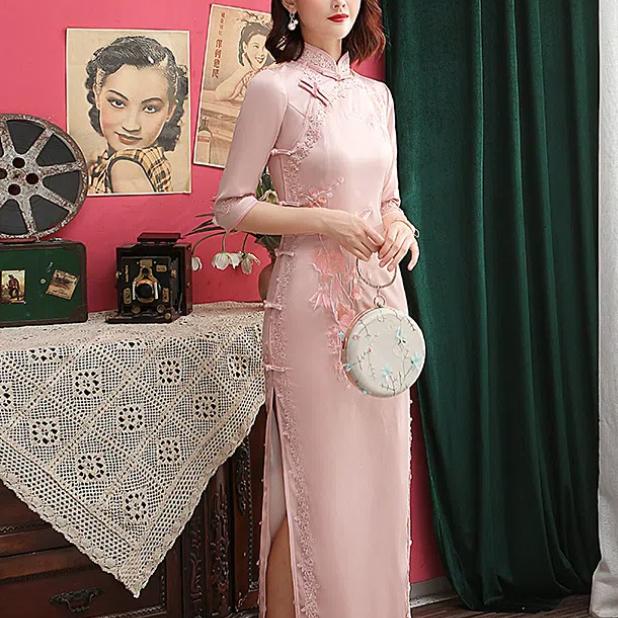 Современное платье-чеонгсам большого размера с вышивкой из шелка и винтажным шанхайским воротником, облегающее