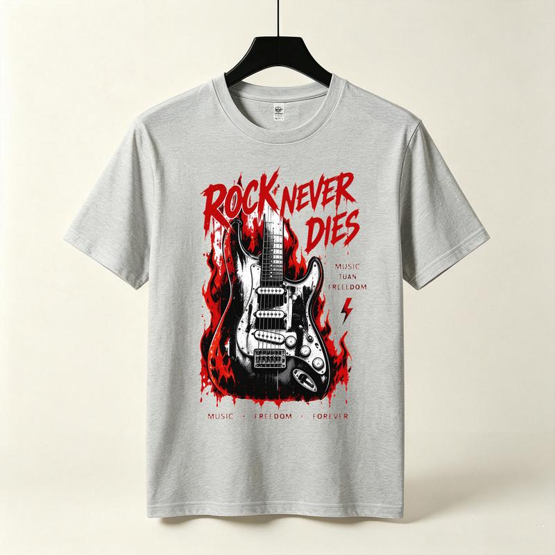 Rock Guitar Graphic Tshirt Unisex Rock Never Dies Flame Design Short Sleeve Vintage Punk Rock Music Casual Tees Tops Harajuku