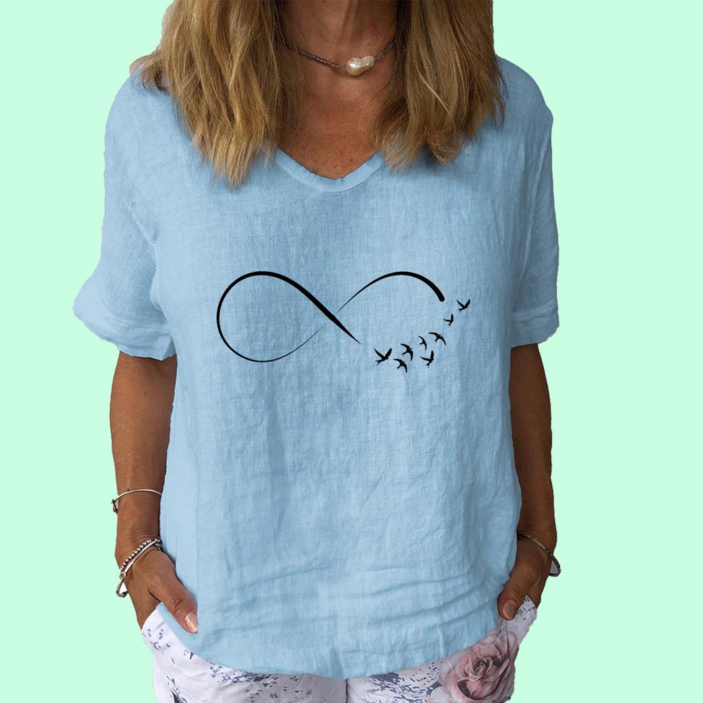 Women Fashion V Neck Short Sleeve Top Summer Casual Cotton Linen Shirt Ladies Print T-shirt