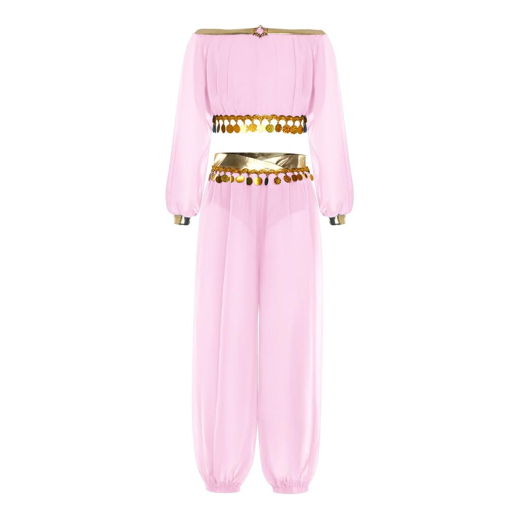 Костюм для восточных танцев для девочки Топ с пайетками и бахромой Брюки со встроенными трусиками Украшение стразами Наряд с длинным рукавом