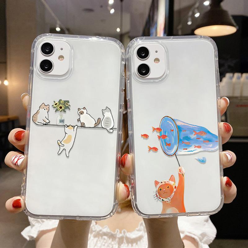 Милый Кавайный Кот Собака Наклейка Чехол для Телефона для iPhone 17 16 15 14 13 12 11 Pro Max Plus Корейский Стиль Ударопрочный Прозрачный Мягкий ТПУ Чехол