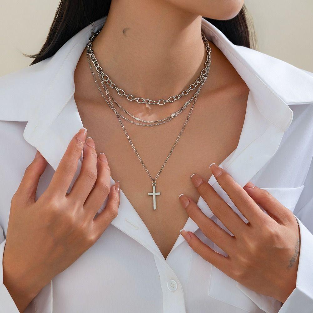 Stacked Cross Pendant Thin Chain Multi Layer Prayer Necklace Jewelry Accessories