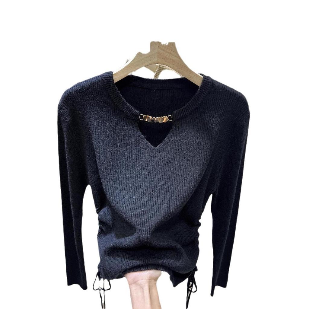 Designed Drawstring Hollow Sweater Women's Long-sleeved Autumn New Style Slim Temperament Niche Knitted Inner Top